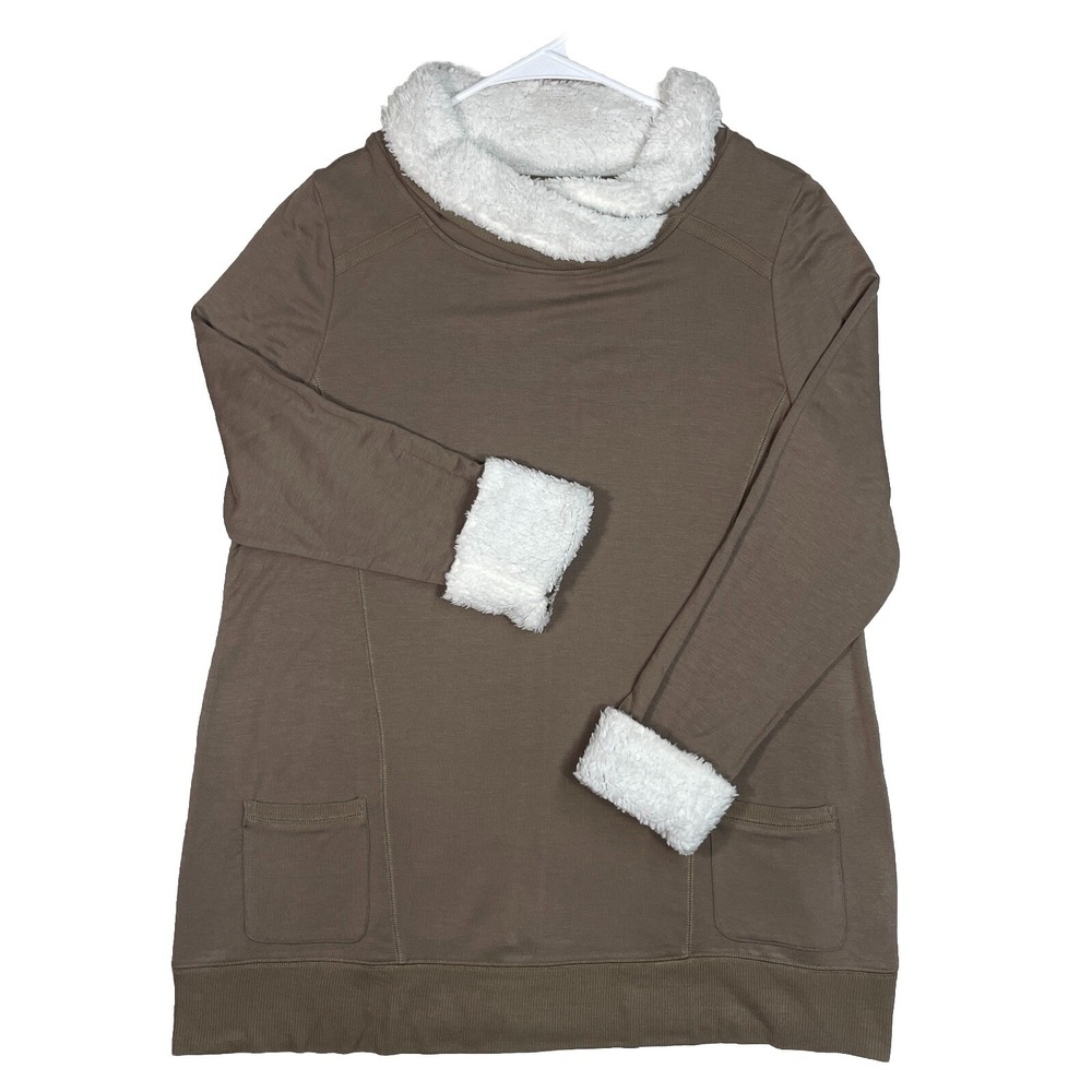 Soft Surroundings Women's Forrester Tunic Top Sherpa Trim Pullover Brown Large